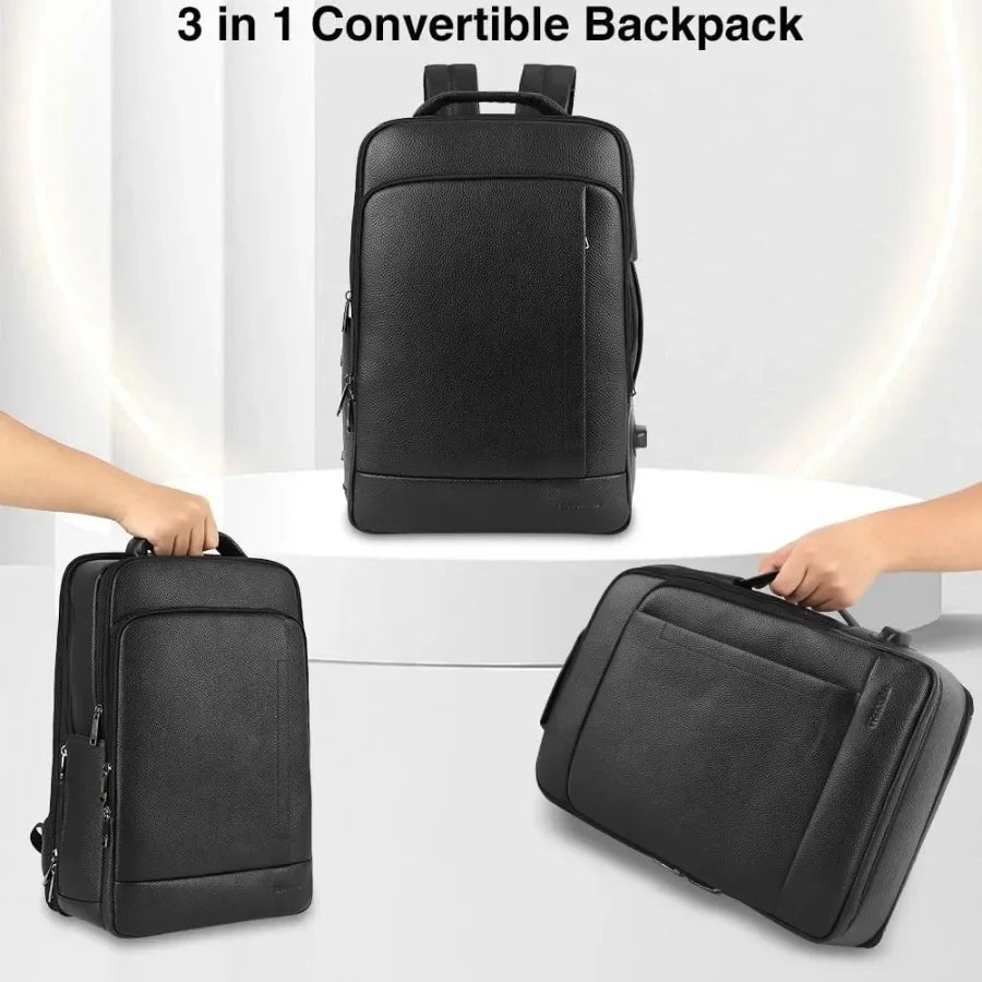 Full Grain Genuine Leather Backpack for Men Multi-Functional 15.6" Laptop Backpack with USB Charging Black Convertible Business