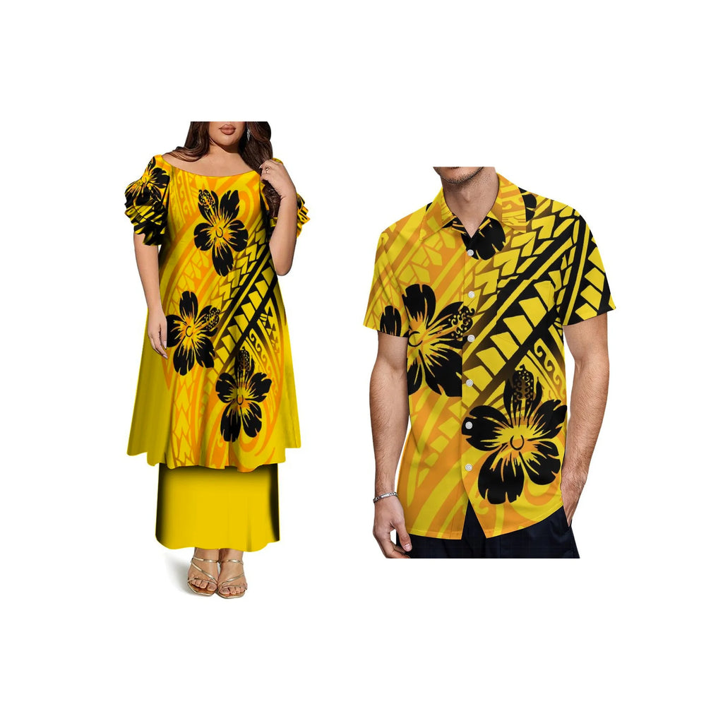 Custom Frill Short Sleeve Womens Dress Polynesian Samoan Puletasi Dress 2 Piece Pacific Island Design Off the Shoulder Dress