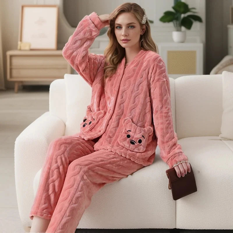 Thickened Warm Coral Velvet Pyjamas Women's Autumn and Winter Cartoon Bear Print Striped Flannel Student Sleepwear Homewear
