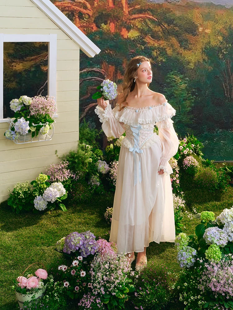 TIYIHAILEY Autumn Women Dress Full Lantern Sleeve Long Maxi Ladies XS-XL Vintage High Waist Lace Slash Neck White Lace Up 2025