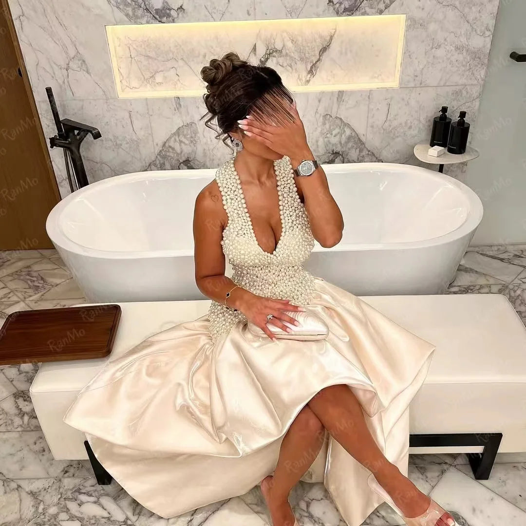 Ranmo Customized Luxury Sleeveless Halter Prom Dresses V-Neck Pearls Prom Dresses V Neck Pearls Backless Evening Party Dresses