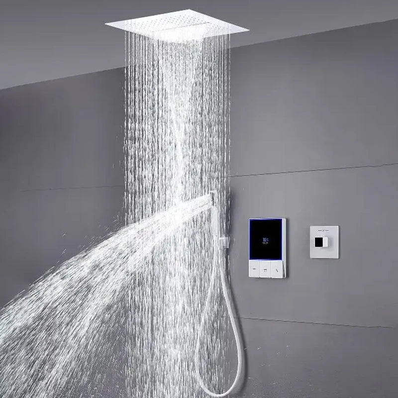 Smart Temperature Display 3 Function Thermostatic White Shower System Set with 16 Inch Large Bathroom Waterfall Rain Shower Head