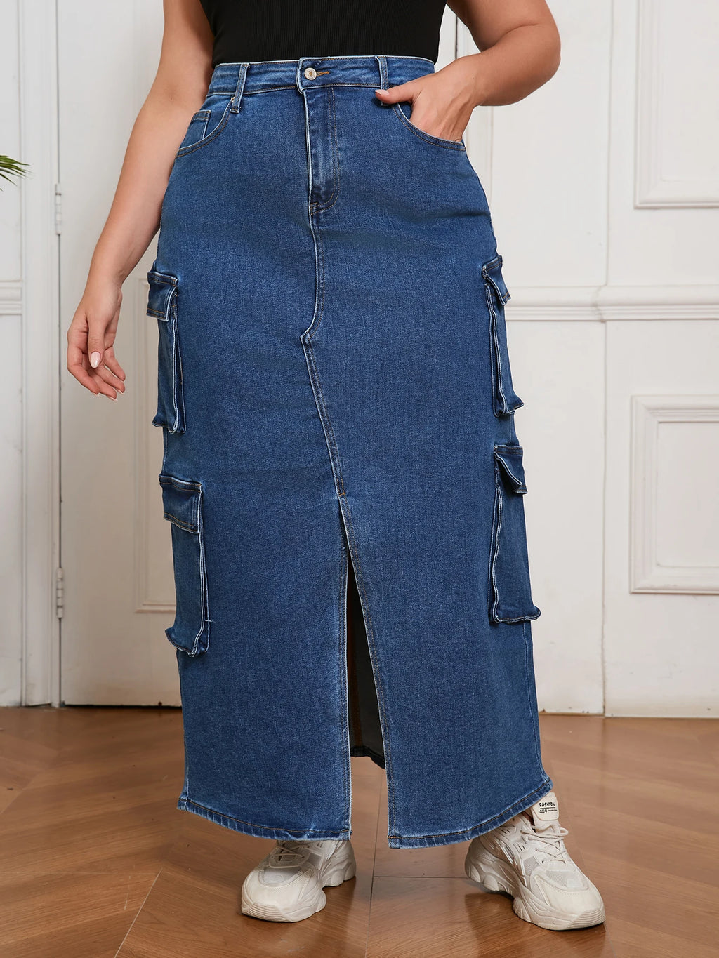 Denim Long Skirt for Women Street Style Cargo Design Split Hem Chic Outfit Casual Fashion Clothing Pants