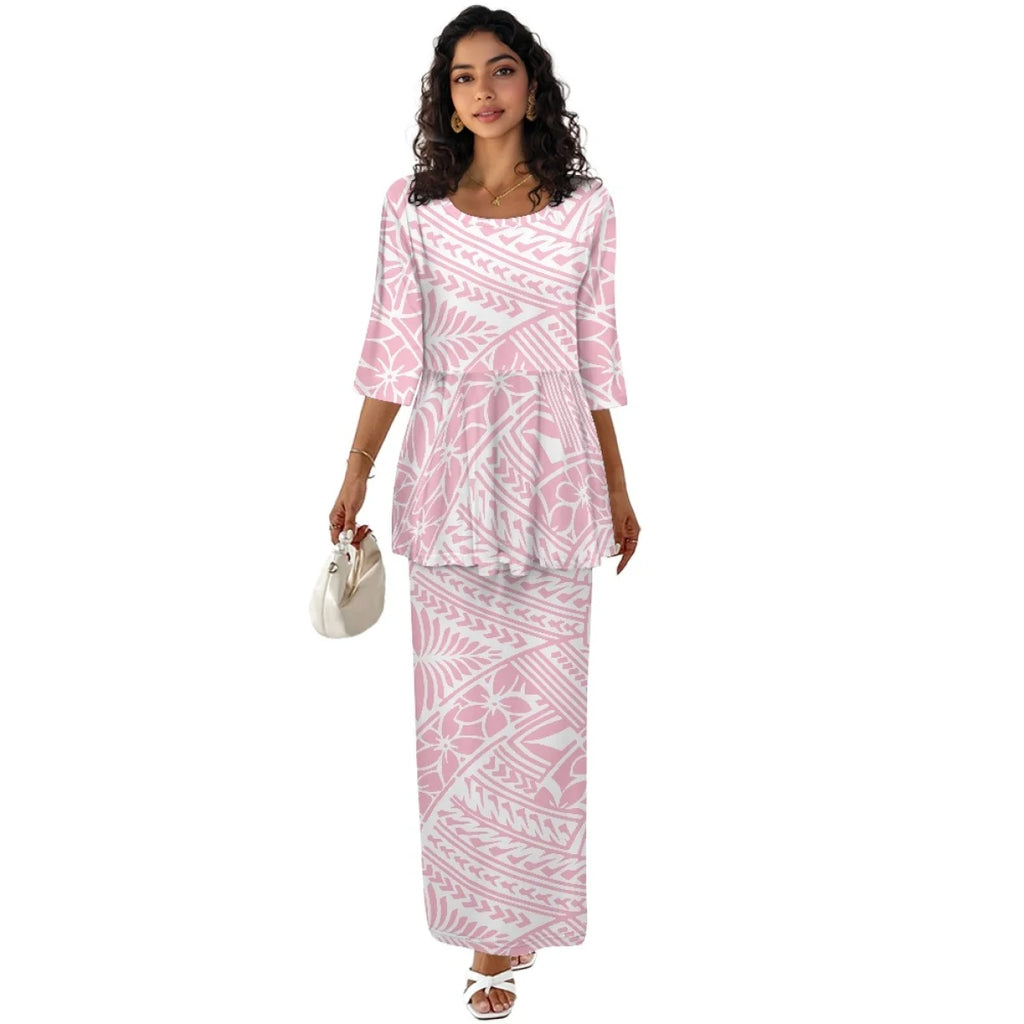 Printed Polynesian Tribal Print crew neck Samoan Puletasi Custom Top And Skirts Womens Two Piece Outfits Set Dress