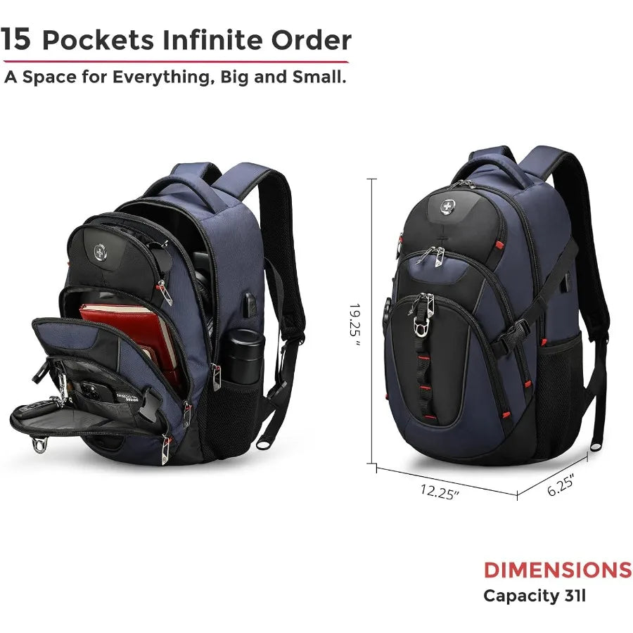 Swissdigital Design Laptop Backpack with USB Charging Port Travel Backpack Fits 15.6 inches Computer 31L College School Backpac