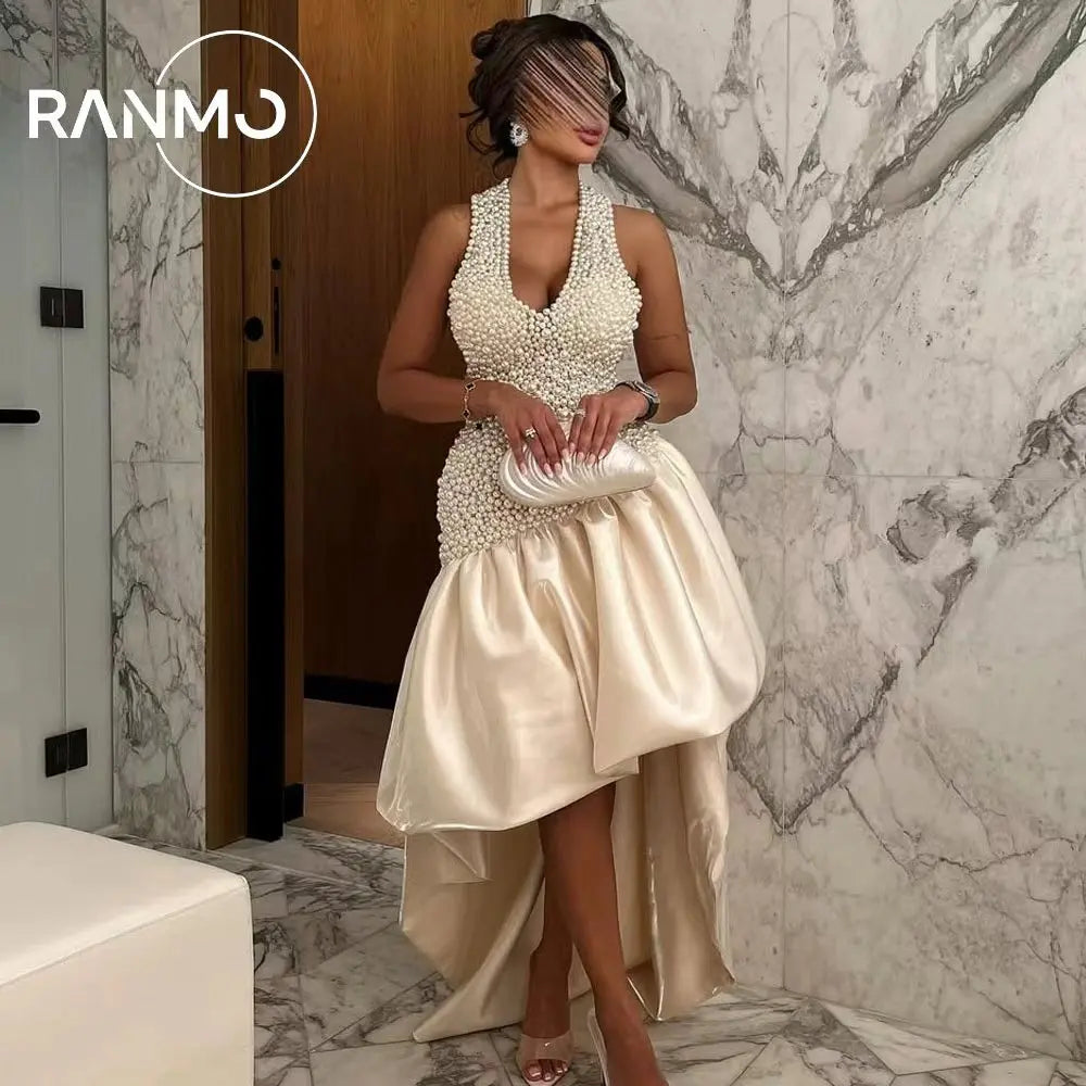 Ranmo Customized Luxury Sleeveless Halter Prom Dresses V-Neck Pearls Prom Dresses V Neck Pearls Backless Evening Party Dresses