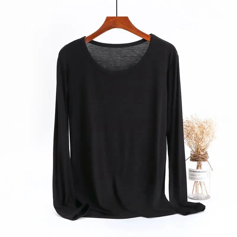 Spring and Autumn New Loose Large Round Neck Bottom Shirt for Women's Fat Mm Modal Solid Color Long Sleeve T-Shirt Top Pajamas