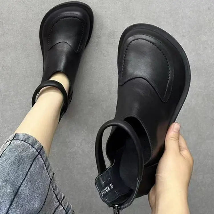 2025 Women's Soft Leather Ankle Boots Patch Round Toe Slip-On Casual Shoes Breathable Black Booties