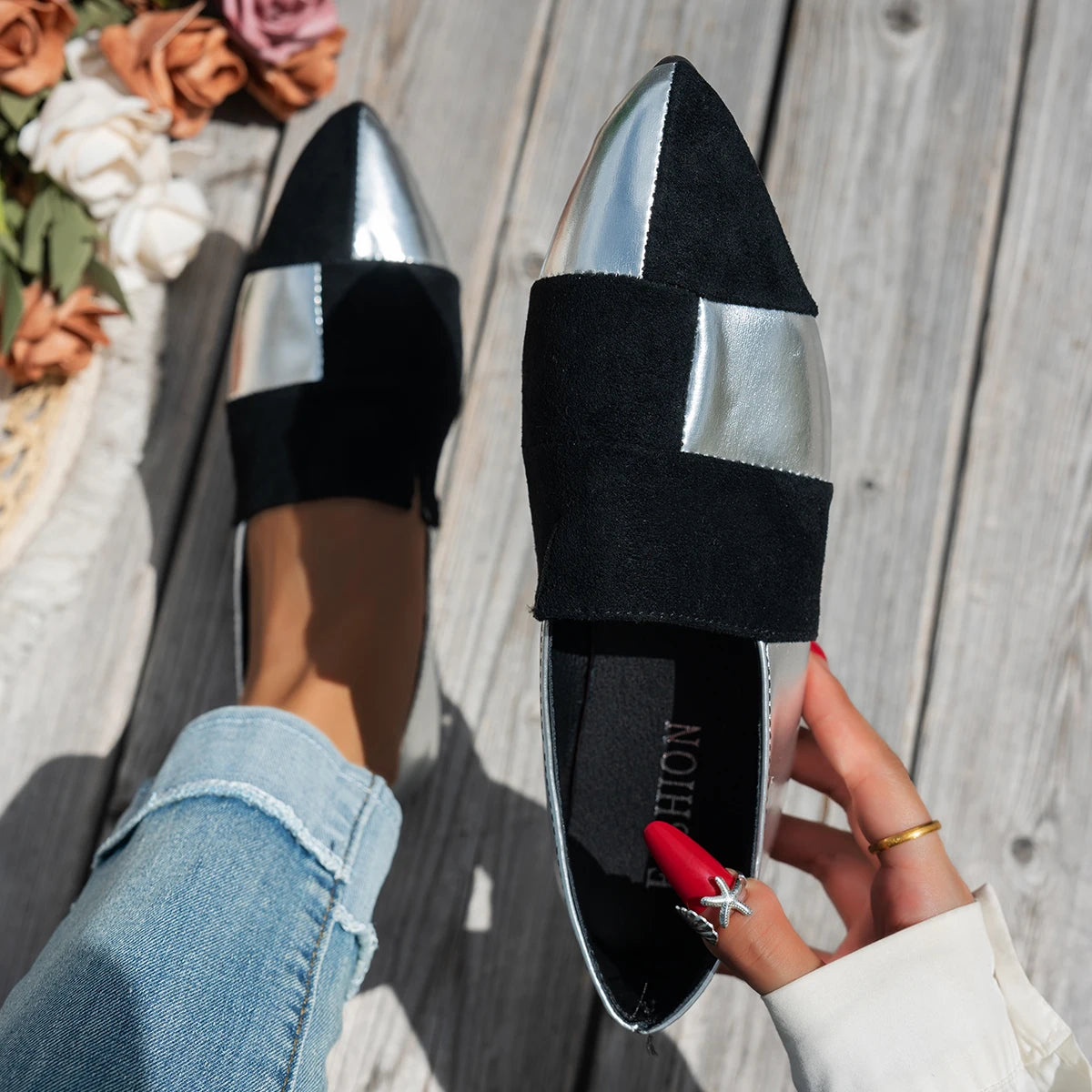 Women's Color-Blocked Pointed-Toe Loafers: Slip-On Lazy Casual Shoes, Stylish Commuting Work Shoes