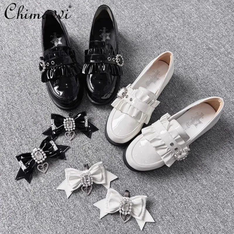 Original Japanese Mine Series Low Heel Leather Shoes Sweet Cool Girl Cute Bow Mass Production Loafers JK Student Single Shoes