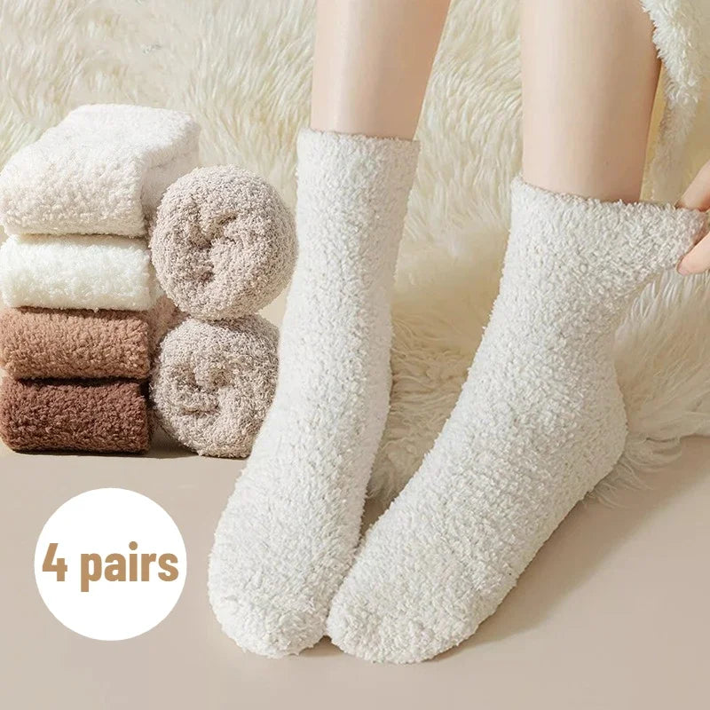 4 Pairs Autumn and Winter New Warm Coral Fleece Thickened Warm Mid Tube Women's Socks Casual and Comfortable Women's Sleep Socks