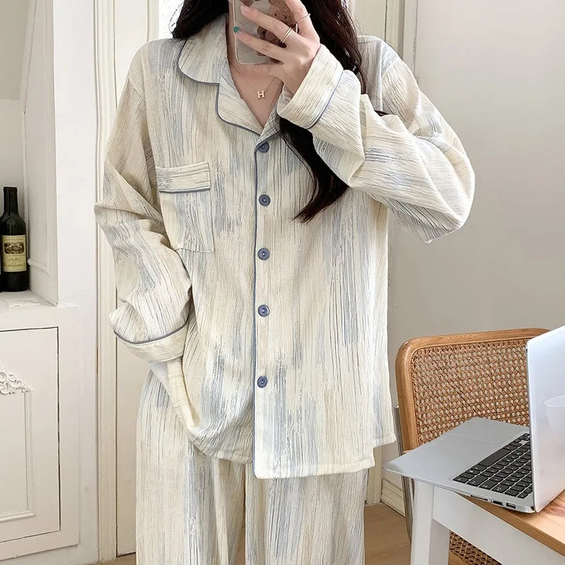 Striped Minimalist Pajamas Women Plus Size Long Sleeve Trousers Ladies Nightwear Pregnant Women's Clothing Set Fashion Sleepwear