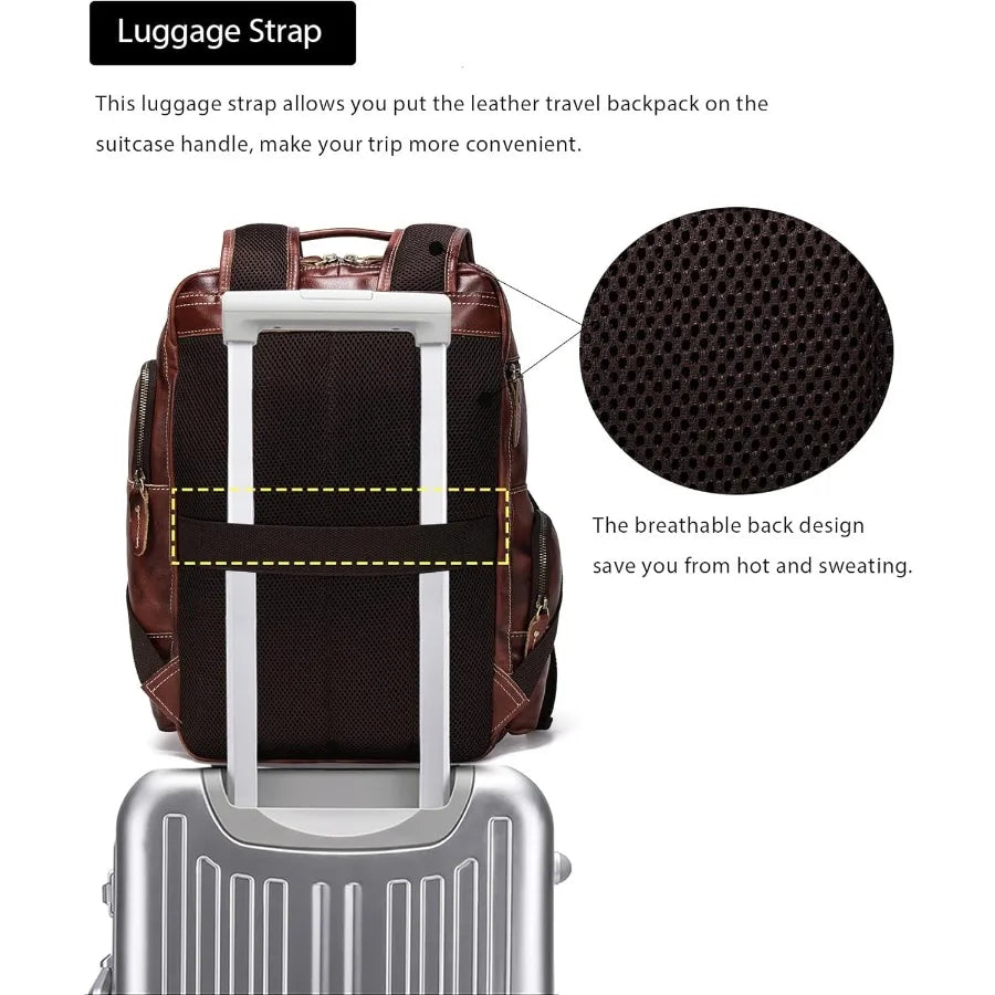 LANNSYNE Full Grain Leather Backpack For Men Fits 16" Laptop Coffee