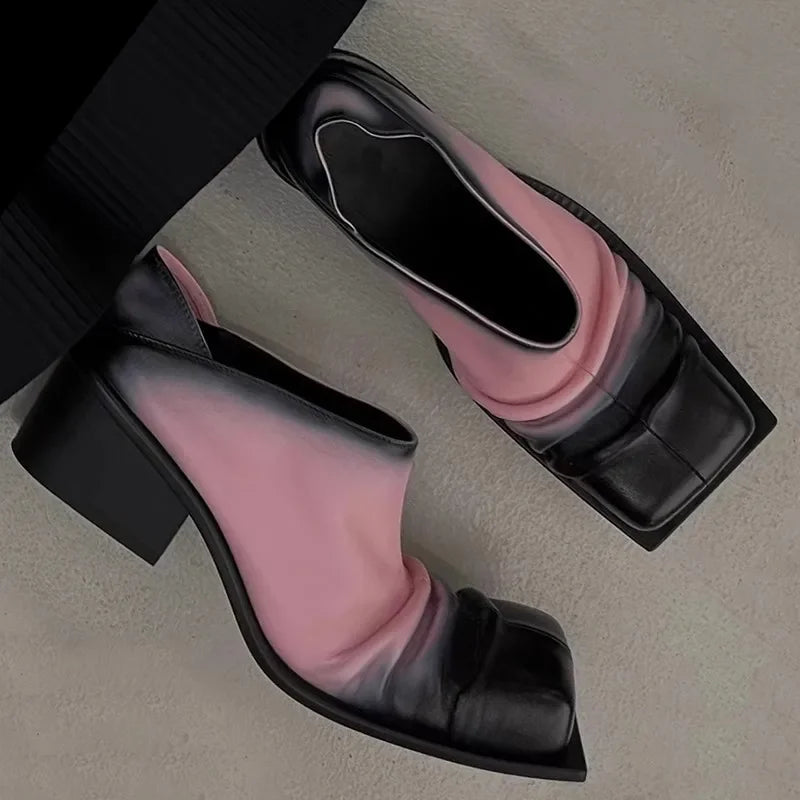 Retro Color Matching Square Toe Chunky Heel Leather Shoes Woman 2025 Slip On Pleated High Heel Muller Shoes for Women Pink Brown