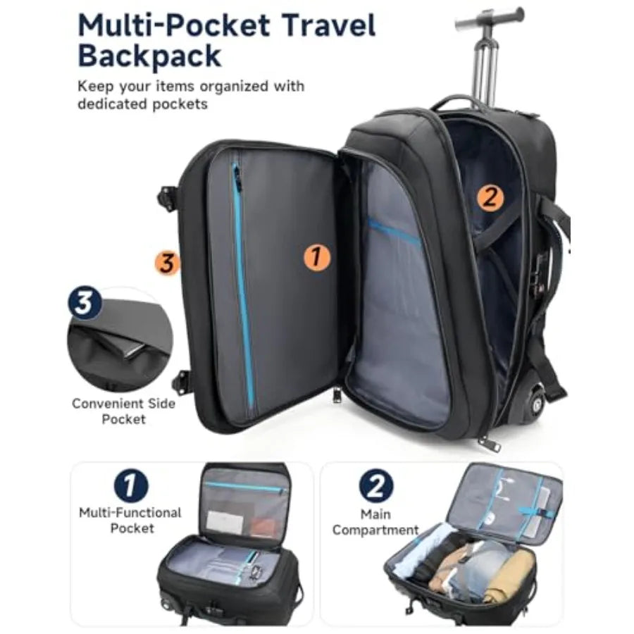 Rolling Laptop Backpack 2 in 1 Carry on Backpack with Wheels Water Resistant Carry on Suitcase with 2 Packing Cubes TSA Large T