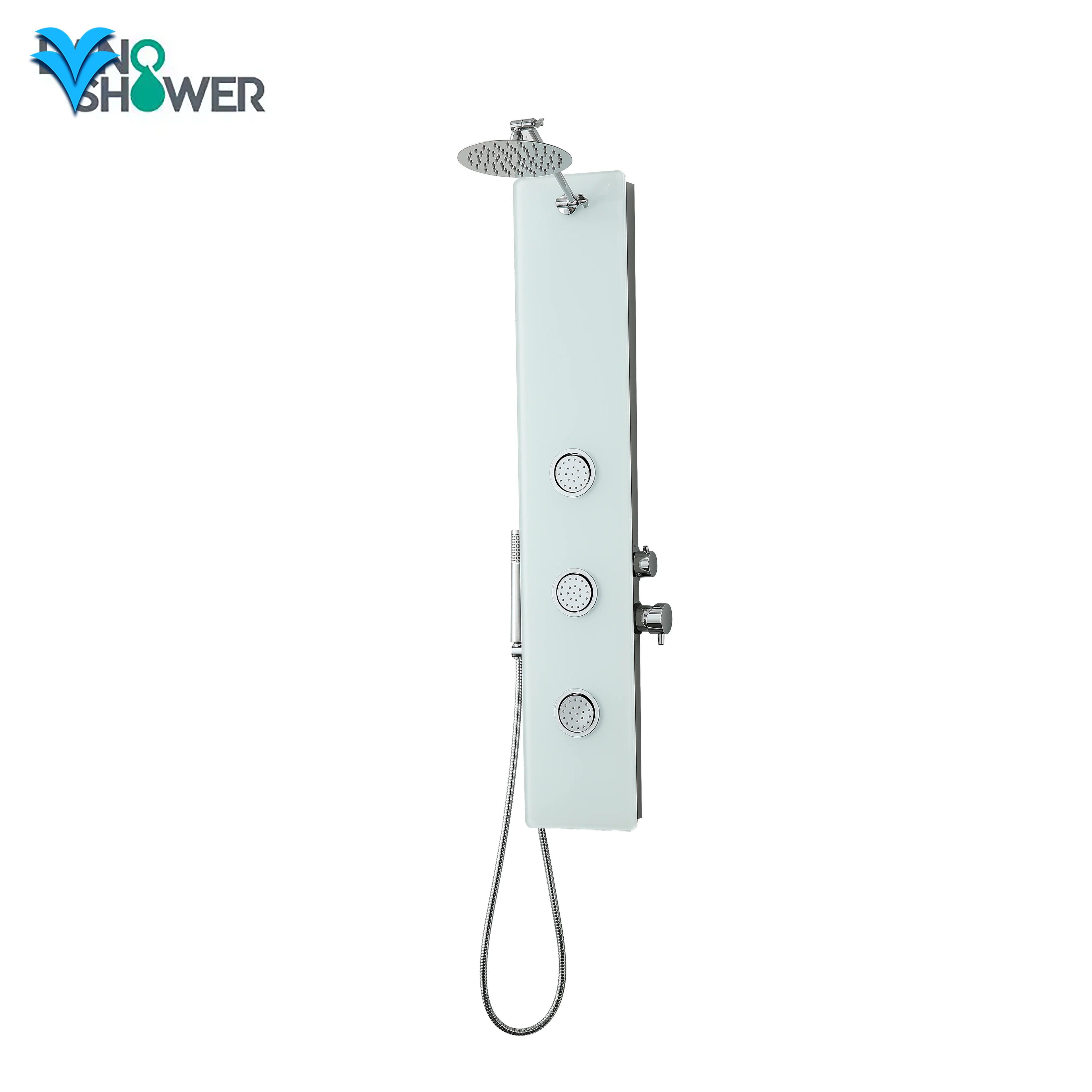 Tempered Glass Shower Panel with Rainfall Head, Handheld Sprayer & Body Jets, Recessed Wall-Mounted Bathroom System