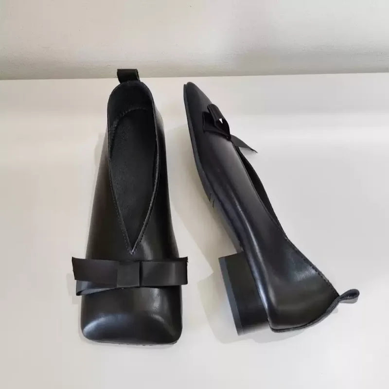 Fashion Women's Basic Black Soft Leather Ballet Shoes Flat Shoes Square Toe Shallow Bow Ballet Single Shoes