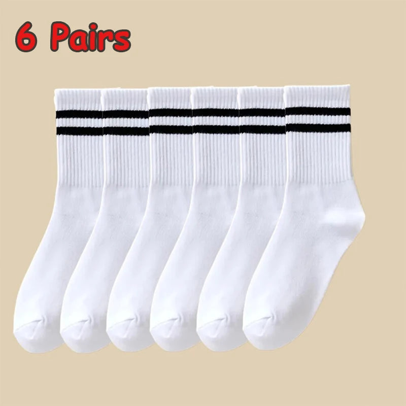 3/6 Pairs Women Sports Solid Socks Soft Comfortable Ventilate Versatile Mid Calf Socks Casual Stripe Splice Female Street Socks