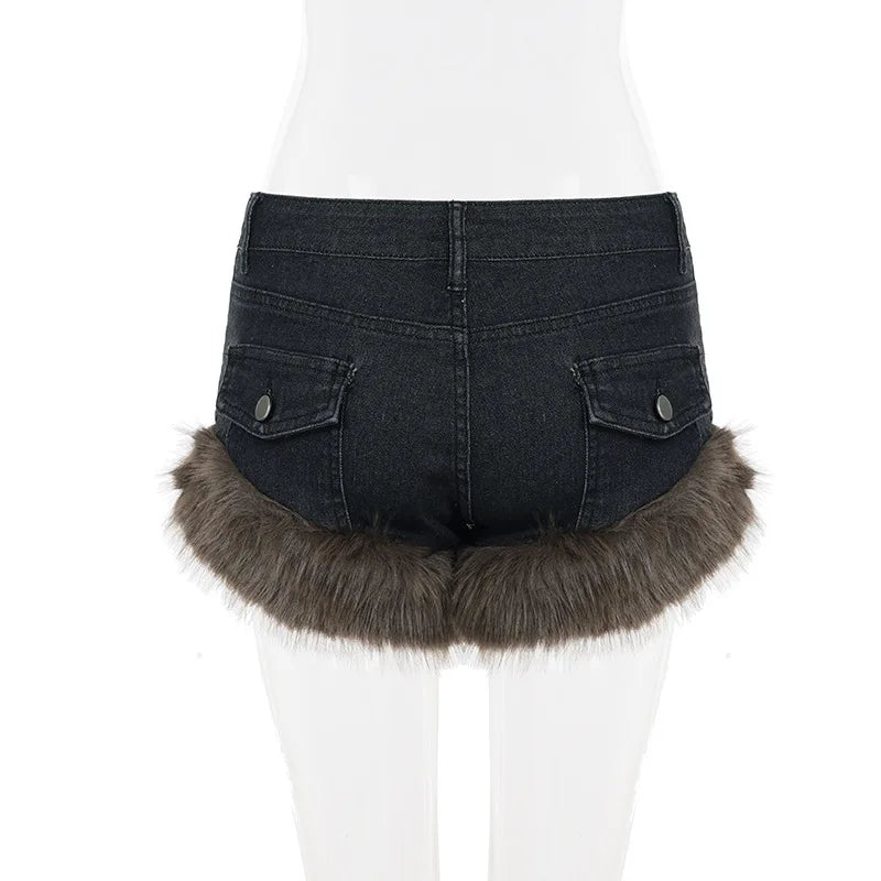 2025 Winter New Retro Fluffy Splicing Denim Shorts Spice Girl Warm Fashion Low Waist Hip Hot Pants Women