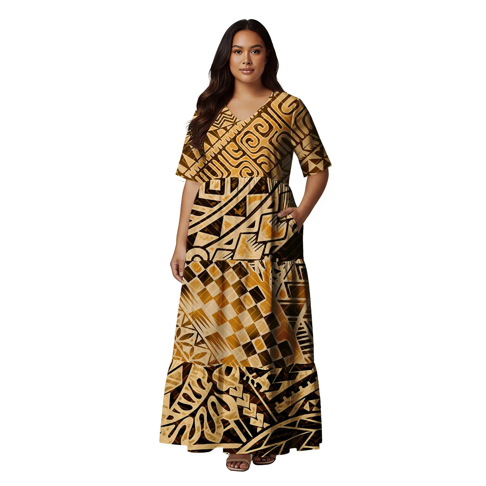 Short Sleeve Hawaii Tropical Floral Pattern Tiered Cake Dress Maxi Polynesian Clothing Tribal Is land Fiji Tonga Church Dress