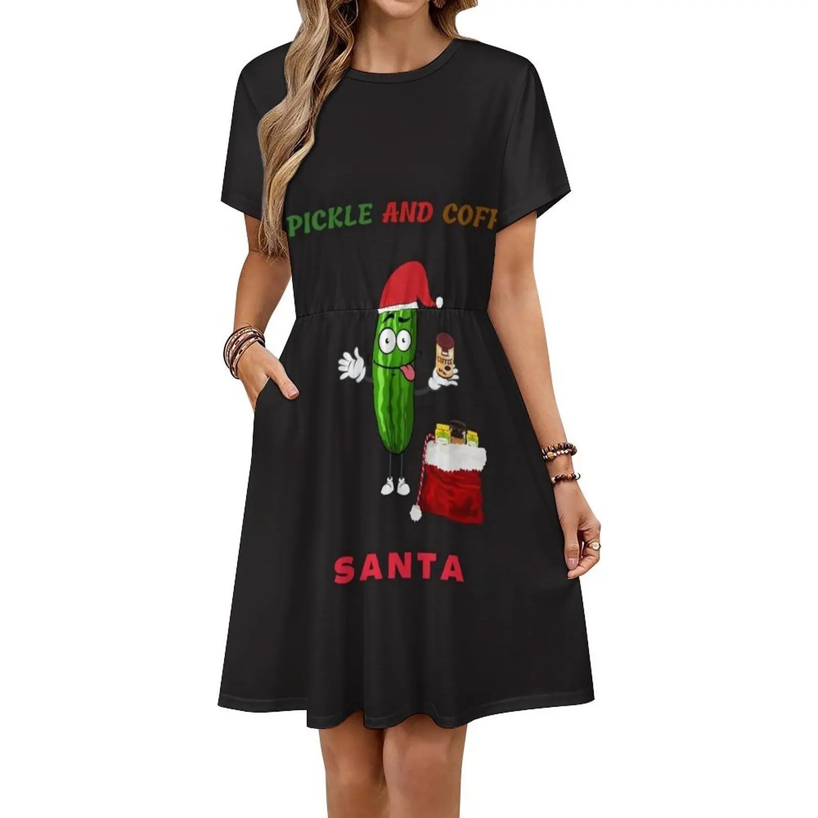 Pickle And Coffee Santa Preppy Style Mini Dress For Women A-Line Loose Fit Casual Day Dress Marvacousins246 Pickle Andhave A