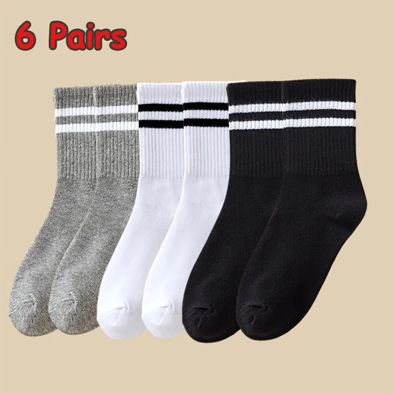 3/6 Pairs Women Sports Solid Socks Soft Comfortable Ventilate Versatile Mid Calf Socks Casual Stripe Splice Female Street Socks