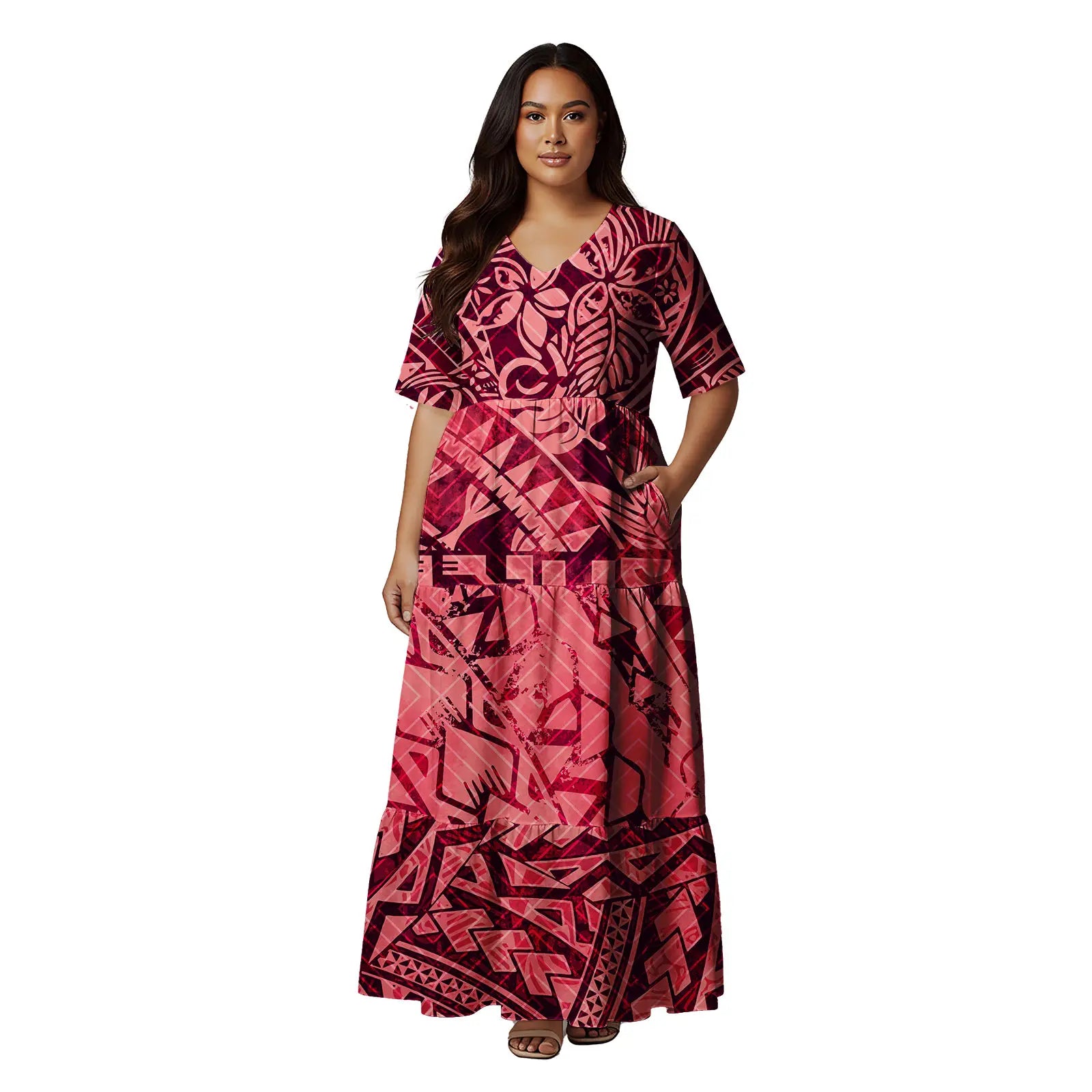 Short Sleeve Hawaii Tropical Floral Pattern Tiered Cake Dress Maxi Polynesian Clothing Tribal Is land Fiji Tonga Church Dress