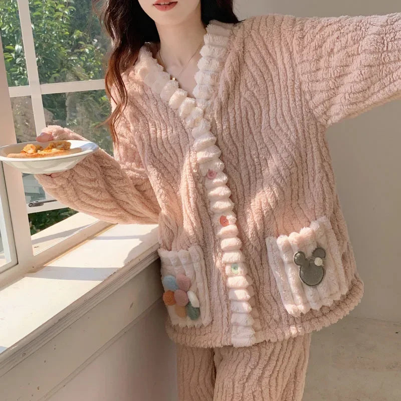 Thickened Warm Flannel Women's Pyjamas Loungewear Outside Suit Winter Sweet Cute Soft Fairy Wind Female Sleepwear Homewear