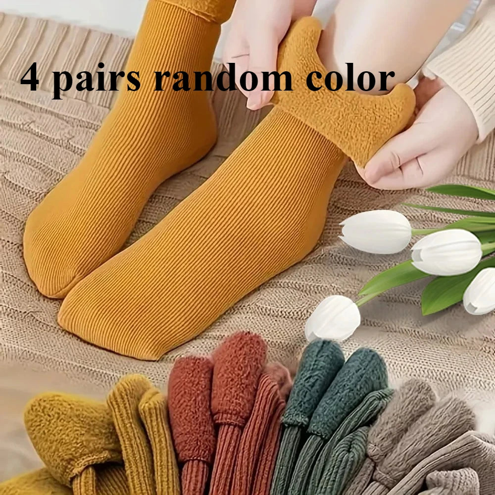4 Pairs Winter Warm Solid Women Socks Thicken Thermal Socks Black Skin Seamless Snow Sock Unisex Socks