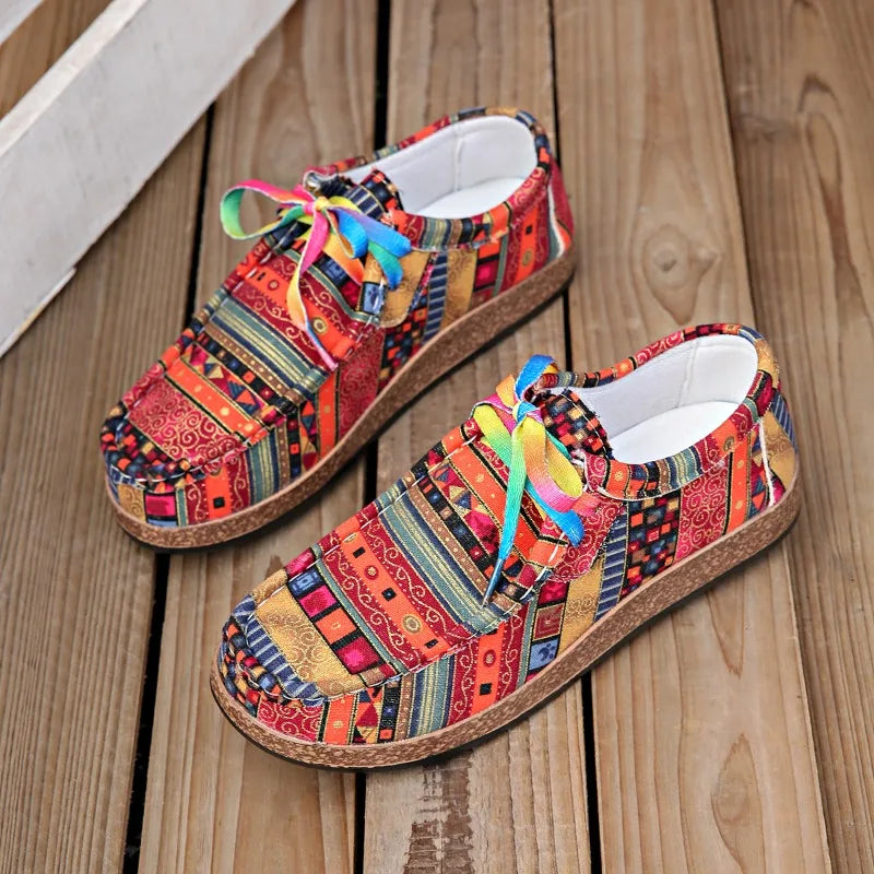 Ethnic style casual women's single shoes, colorful lace-up graffiti low-top shoes, comfortable round-toe women's shoes