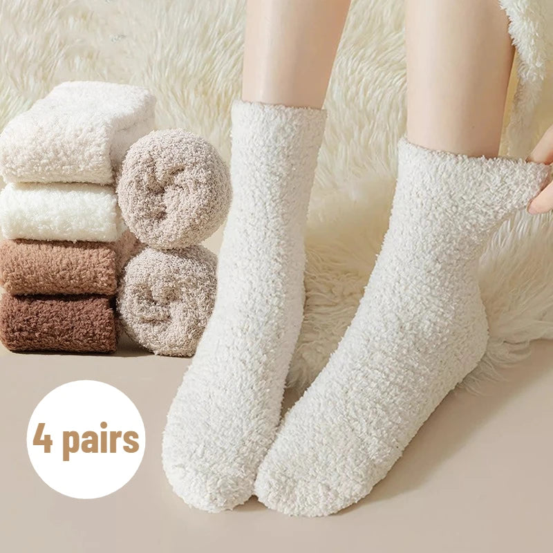 4 Pairs Autumn and Winter New Warm Coral Fleece Thickened Warm Mid Tube Women's Socks Casual and Comfortable Women's Sleep Socks