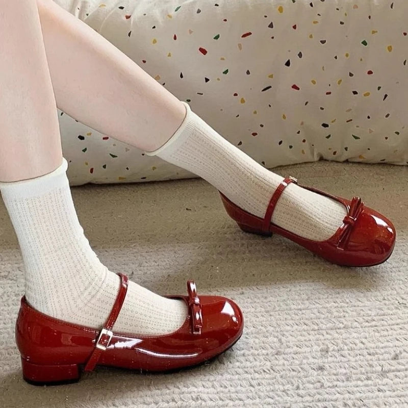Spring Autumn Wine Red Mary Jane Shoes For Women Low Heel  Fashion Butterfly-knot Roud Toe Female Eelgant Dress Leather Shoes