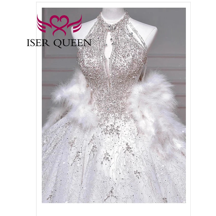 Customized Backless Halter Exquisite Wedding Dress For Ladies 2025 New Heavy Crystal Beaded Feather Shiny Wedding Dresses WX0481