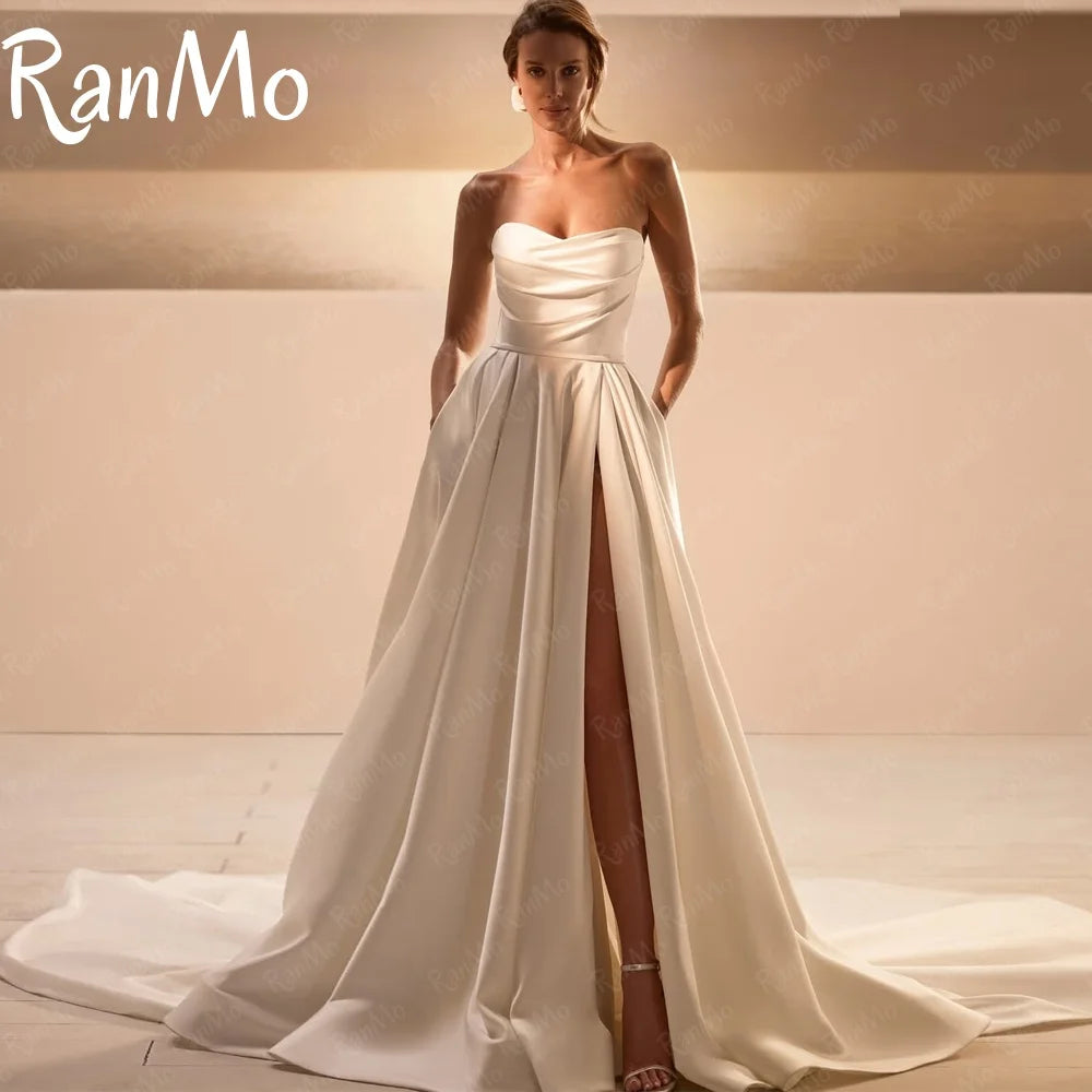 Ranmo Simple Satin Wedding Dresses high slit A-Line Bridal Gowns Sweetheart Sleeveless Sweep Train Customized Vestidos De Novia