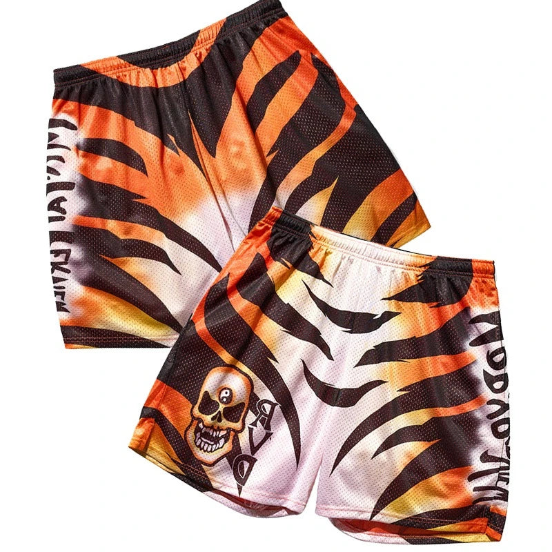 Fashion Gym Fitness Sports Men's Tiger Skull Retro Shorts Training Jogging Fast Dry Breathable Shorts Boxing Sports Beach Shorts