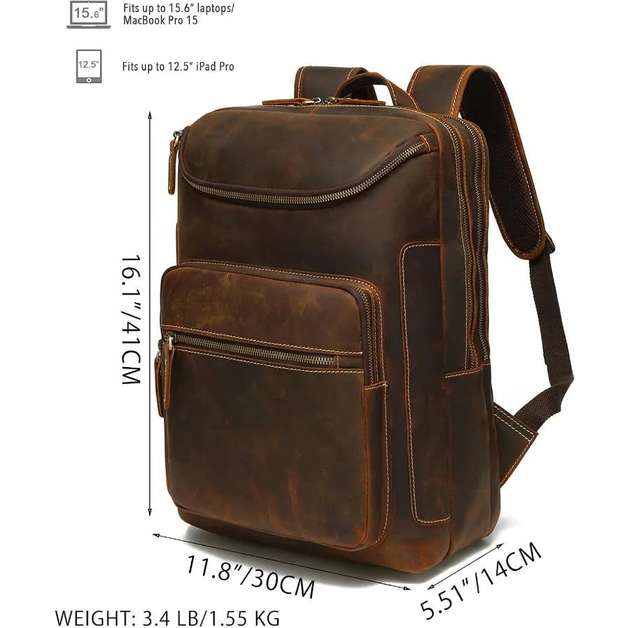 LANNSYNE Vintage Genuine Leather 16" Laptop Backpack For Men Hiking Travel Bag Camping Rucksack