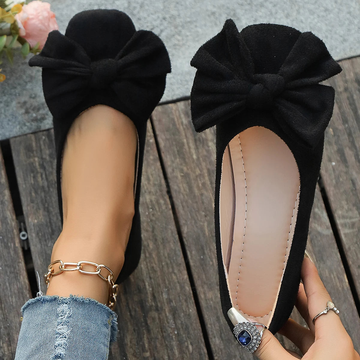 French-Style Square-Toe Elegant Women's Flat Shoes, Bow-Embellished Elegant Low-Cut Slip-On Shoes for Ladies
