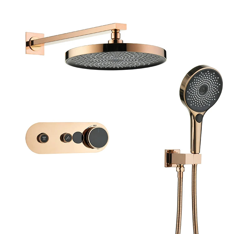 GAONUO Contemporary Rose Gold Smart Digital Display Concealed Round Shower Head Hot Cold Water Bathroom Shower Set System