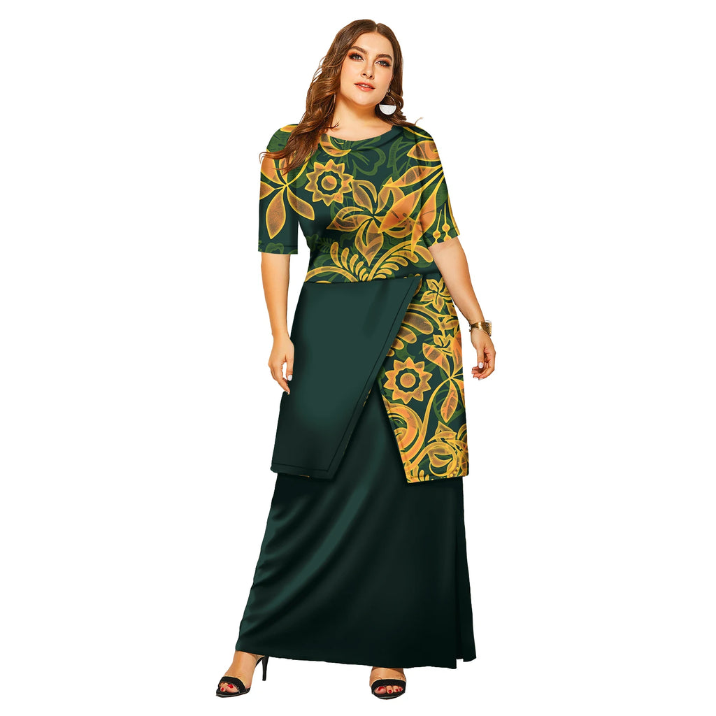 New Fashion Floral Sleeve Elegant Women Long Dress Pacific Island Hawaiian Beach Wear Puletasi Dresses