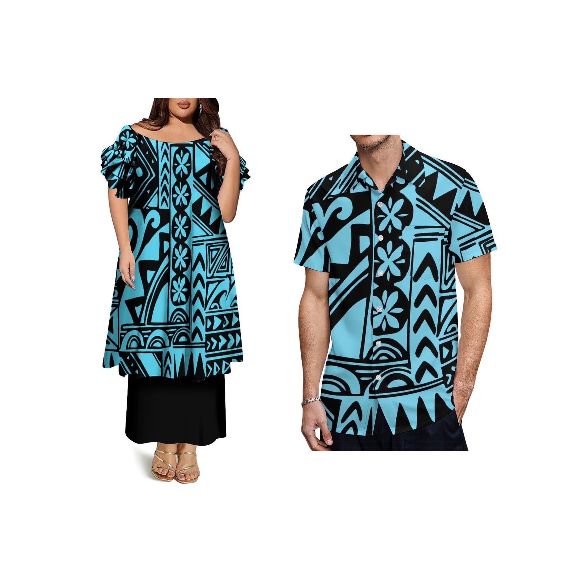 Custom Frill Short Sleeve Womens Dress Polynesian Samoan Puletasi Dress 2 Piece Pacific Island Design Off the Shoulder Dress