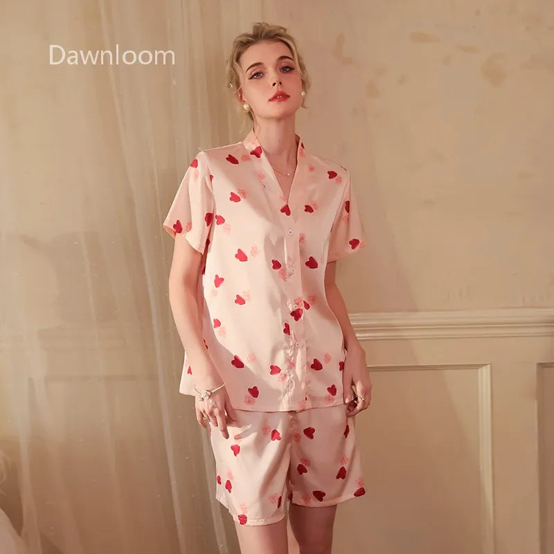 Dawnloom Girl’s Light Pink Heart Print Satin Short-Sleeve & Shorts Two-Piece Pajamas Sweet Vibrant Home Loungewear
