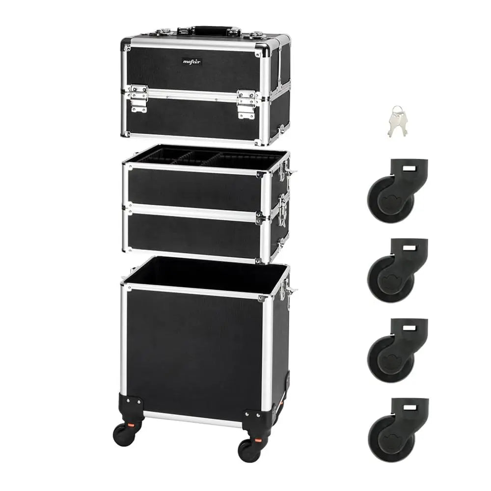 Aluminum 4-in-1 Rolling Makeup Train Case, Portable Travel Organizer with Wheels, Lockable Beauty Storage Suitcase (Black)