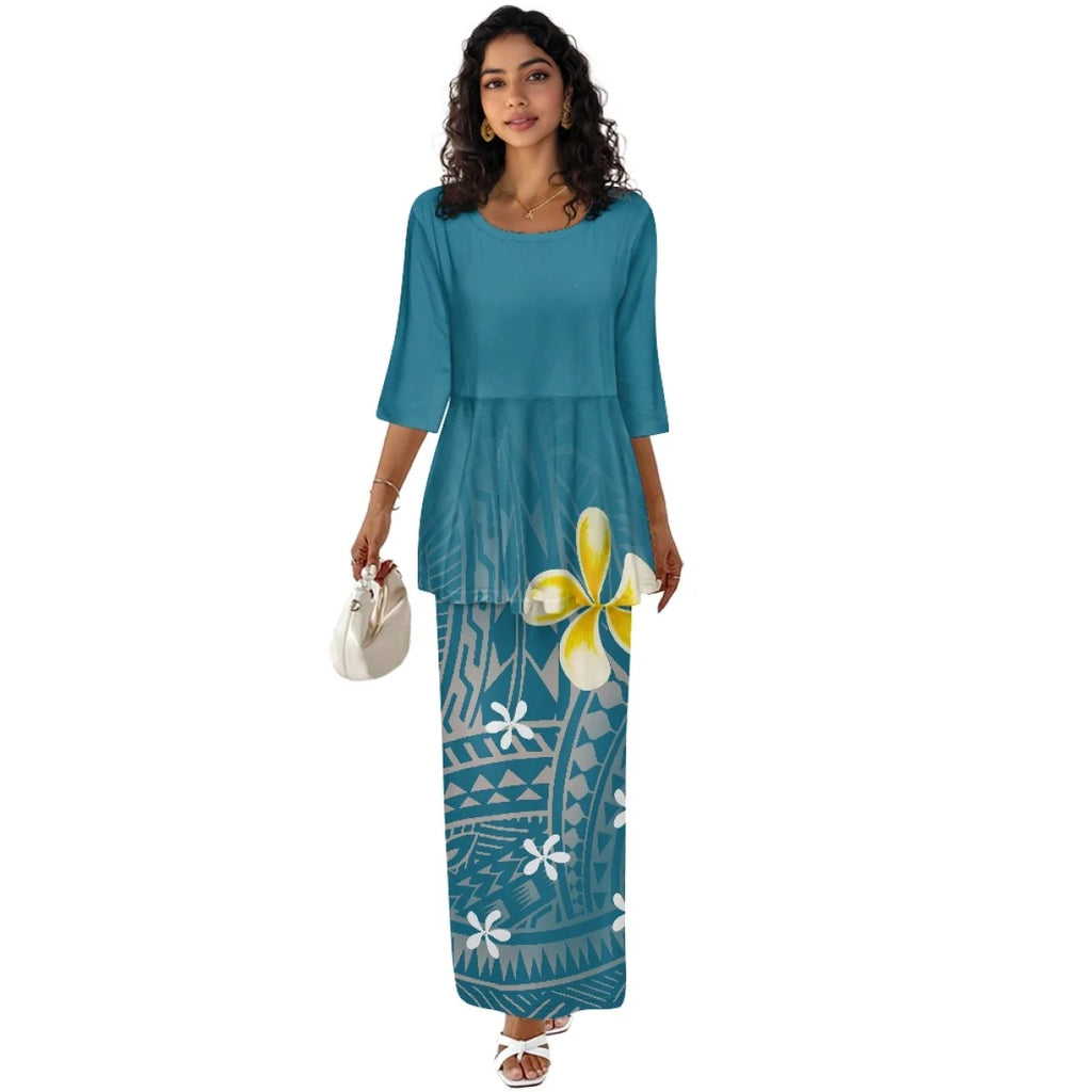Printed Polynesian Tribal Print crew neck Samoan Puletasi Custom Top And Skirts Womens Two Piece Outfits Set Dress