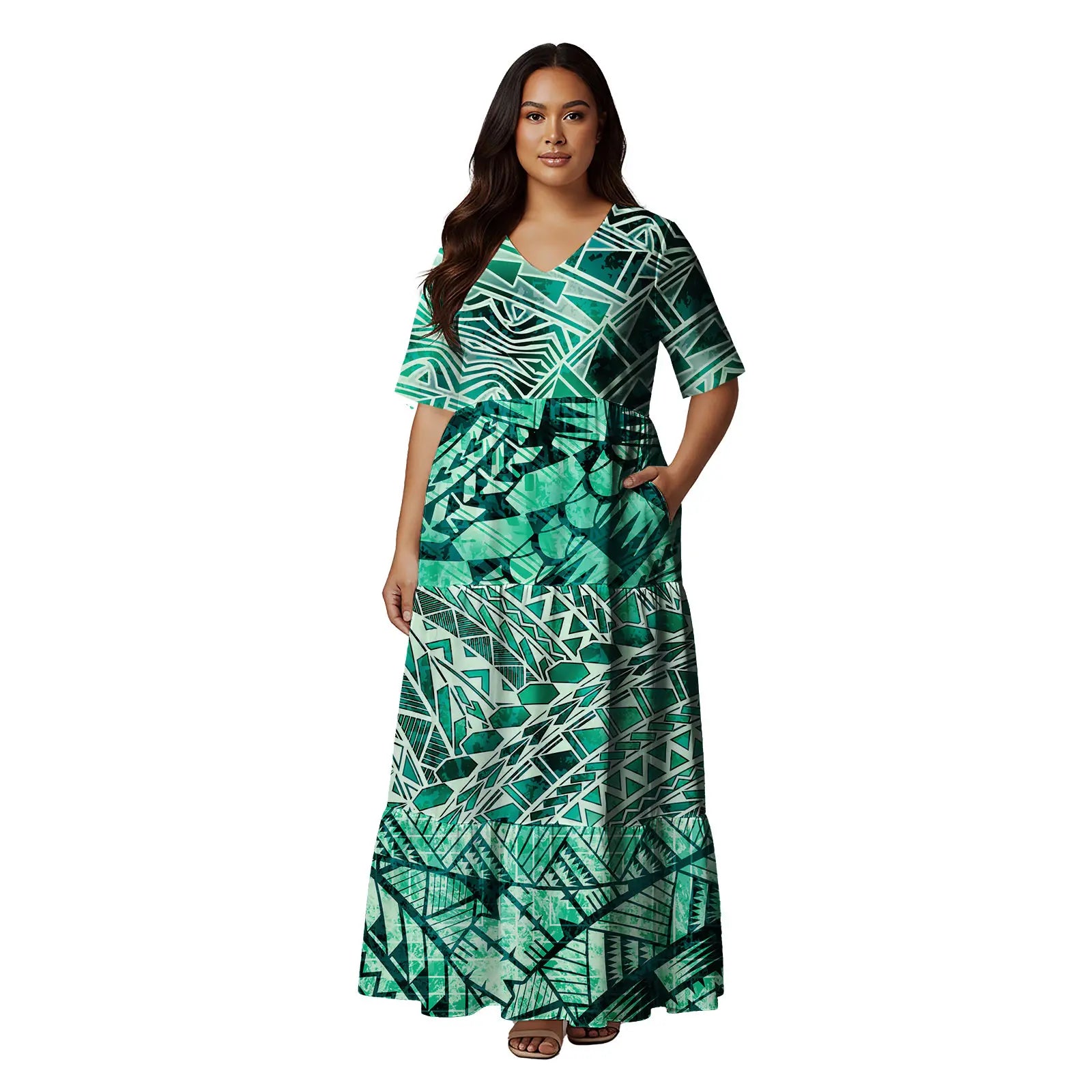 Short Sleeve Hawaii Tropical Floral Pattern Tiered Cake Dress Maxi Polynesian Clothing Tribal Is land Fiji Tonga Church Dress