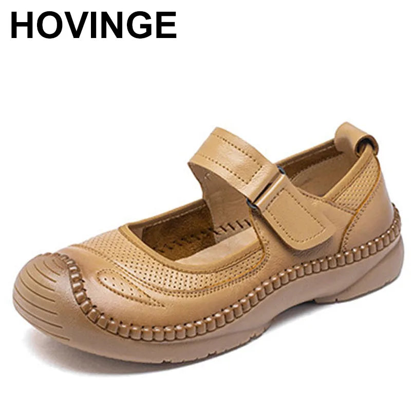 Autumn Top Cowhide Shallow Mouth Single Shoe For Women Retro Style Flat Bottomed Cow Tendon Soft Soled Mother's Shoes