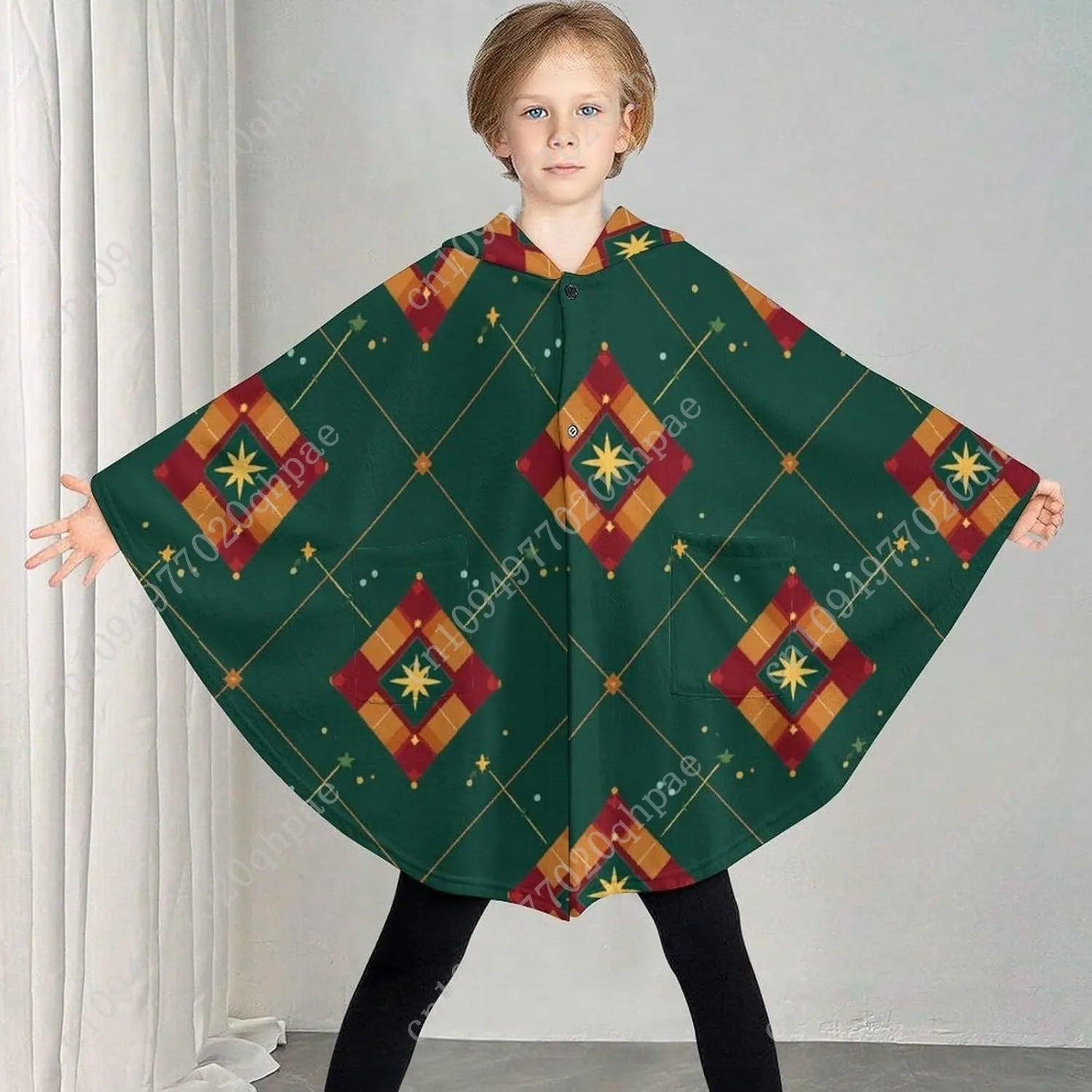 Cozy Flannel Blanket Sweater,Geometric Pattern Green Oversized Hoodie With Pockets For Kids And Teenagers