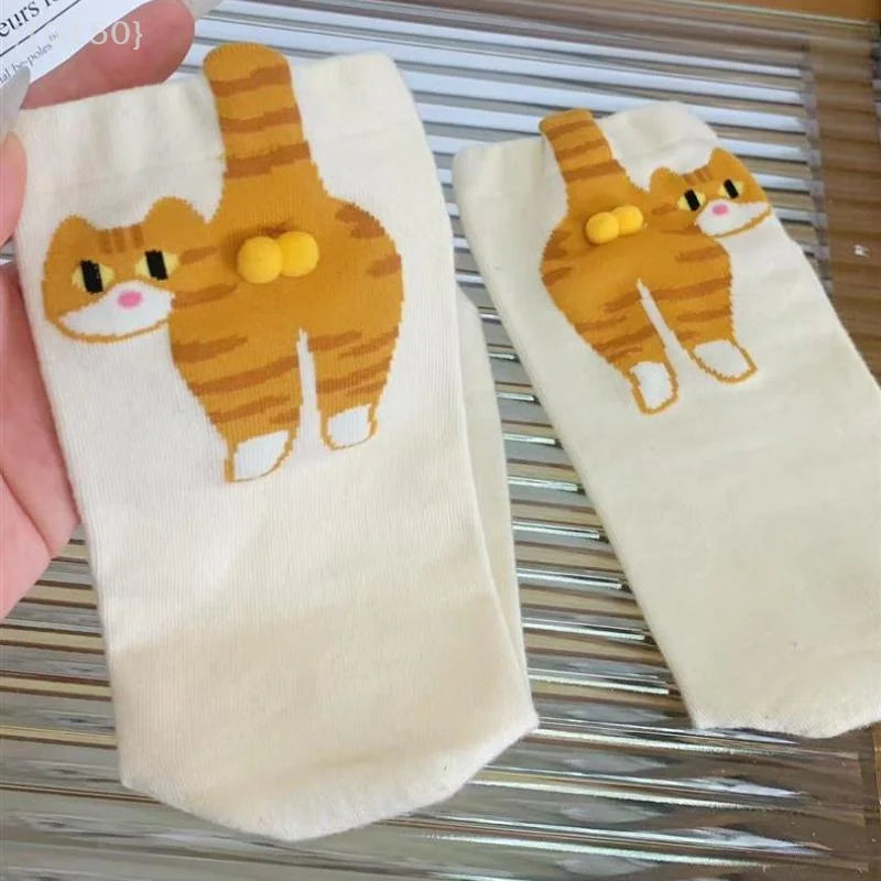 【N】 1/2 Pair Cartoon Cute Cat Balls Cotton Socks, Kawaii Lolita Knitting Middle Tube Socks with Cat Butt Print