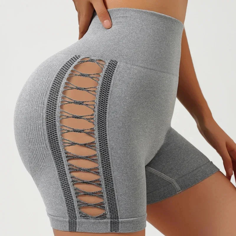 Sexy Side Hollowout Yoga Shorts Seamless Slim Shorts Outdoor Sports High Elastic High Waist Hip Liftting Gym Three Point Shorts
