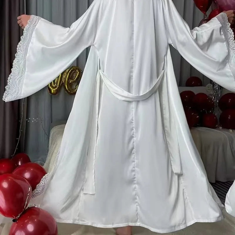 New satin long pajamas women's lace light luxury long-sleeved cool nightgown bathrobe loungewear