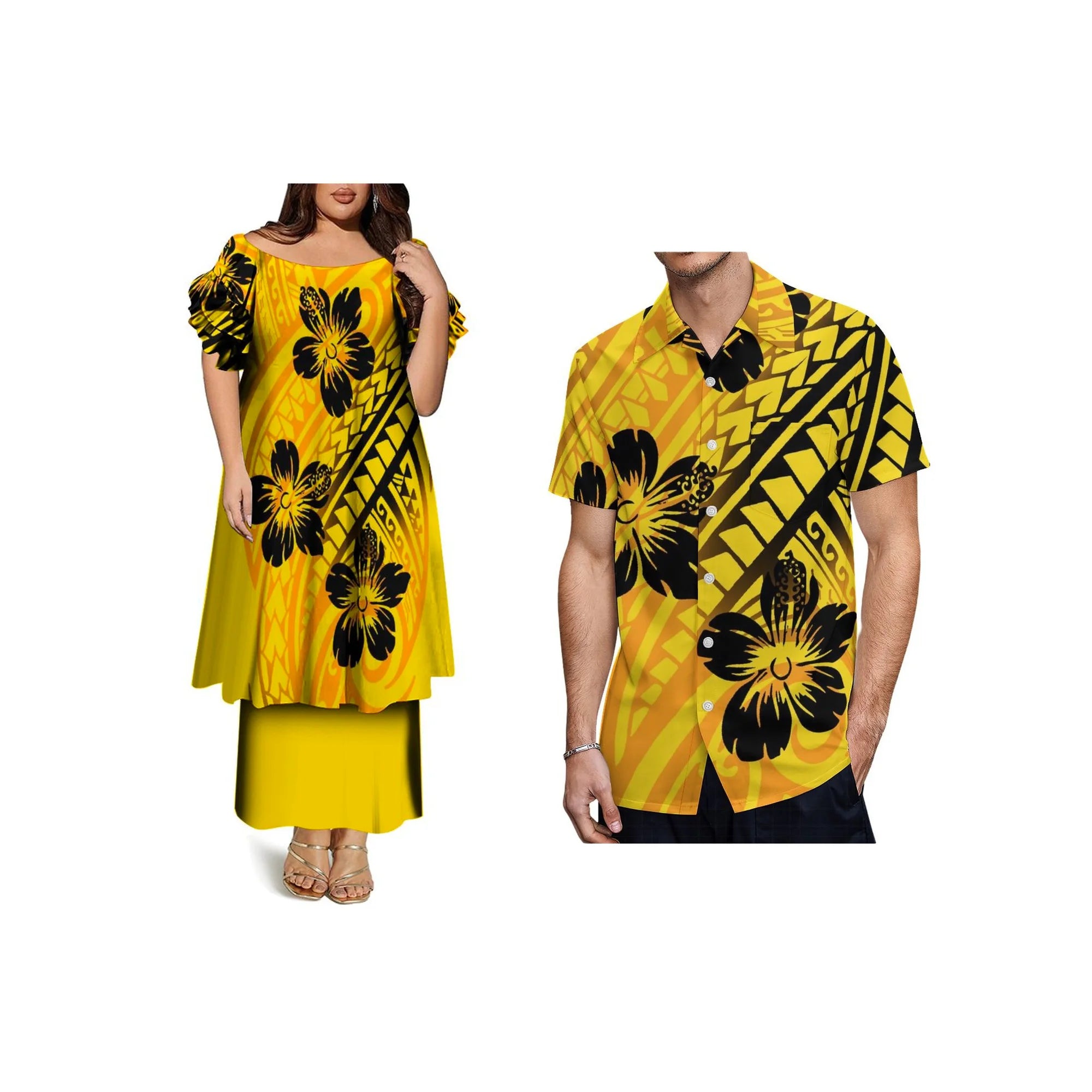 Custom Frill Short Sleeve Womens Dress Polynesian Samoan Puletasi Dress 2 Piece Pacific Island Design Off the Shoulder Dress